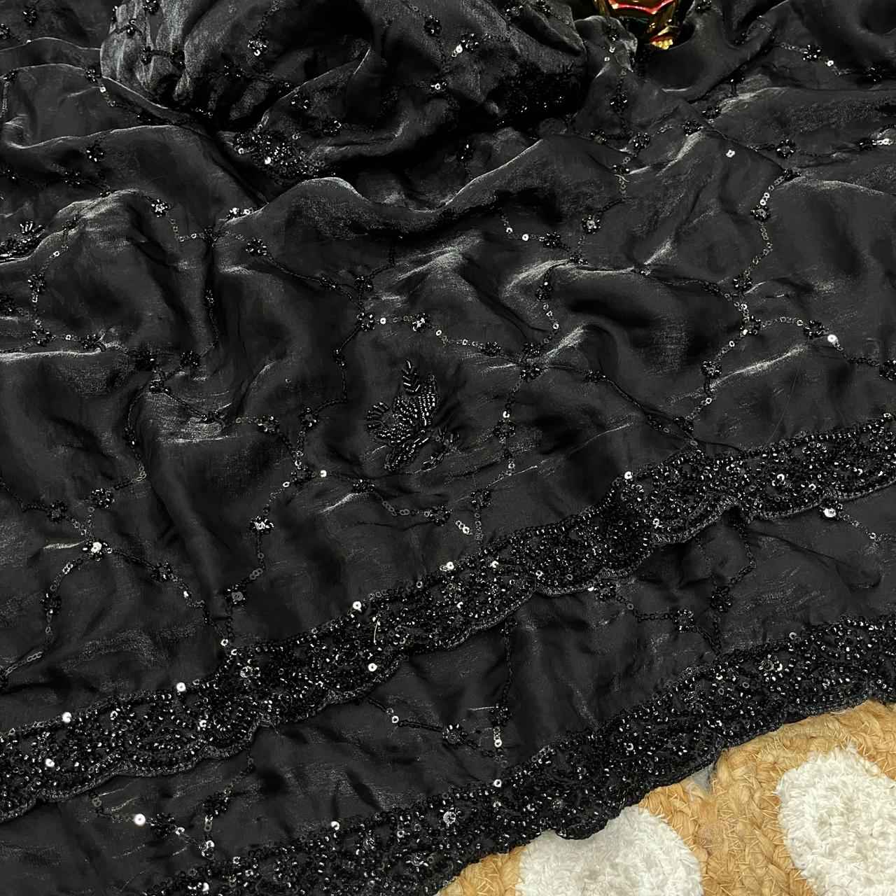 PURE SPACE SILK SEQUENCE AND CUTDANA BEEDS WORK SAREE 
