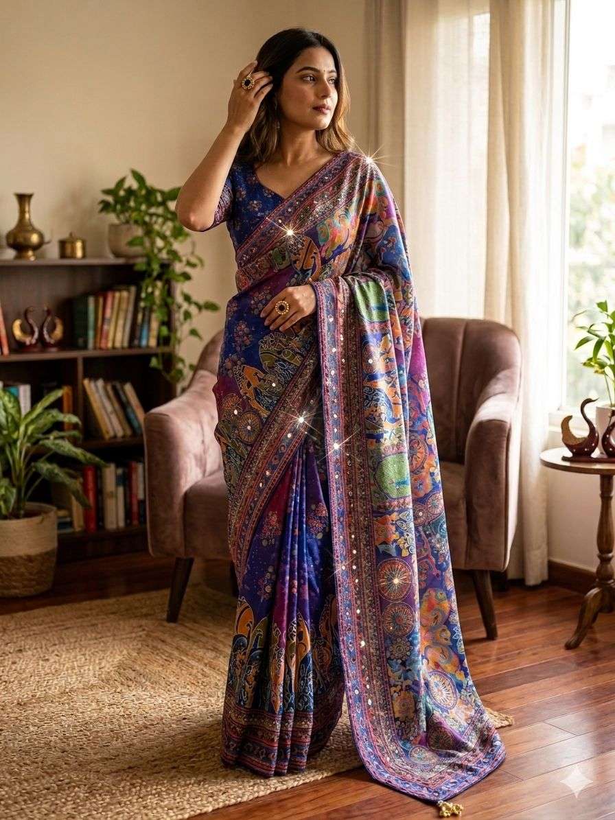 SOFT CHINNON SILK GOLD ZARI HAND MIRROR WORK SAREE 1