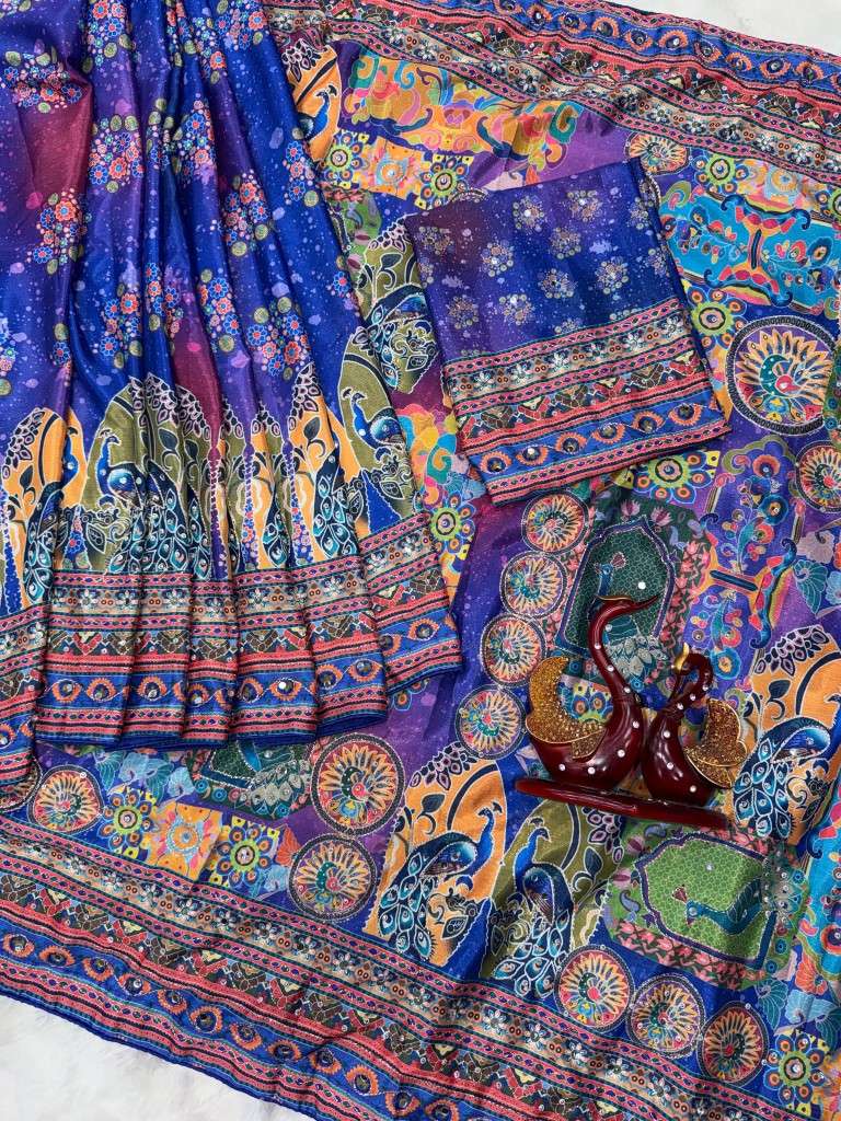 SOFT CHINNON SILK GOLD ZARI HAND MIRROR WORK SAREE 1