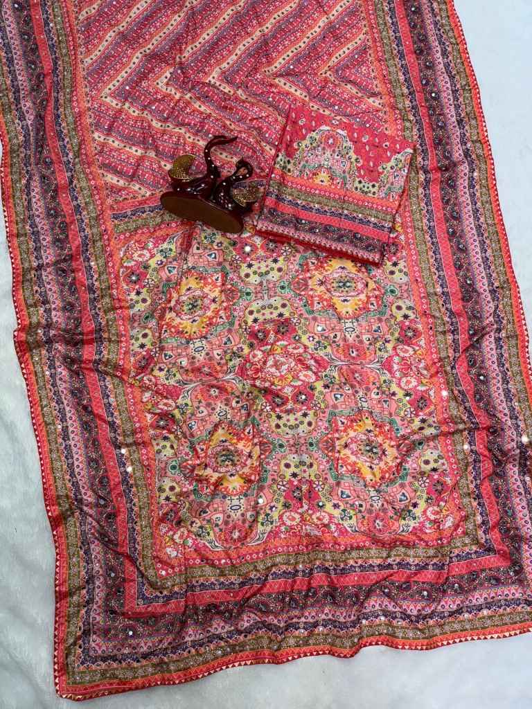 SOFT CHINNON SILK GOLD ZARI HAND MIRROR WORK SAREE 2