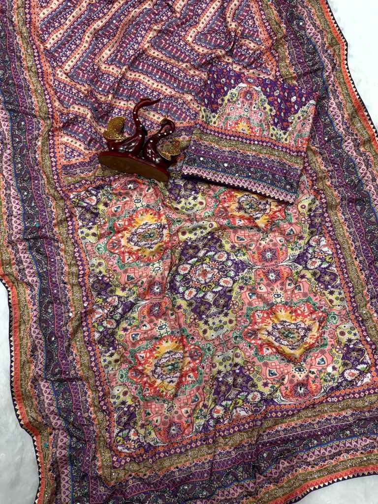 SOFT CHINNON SILK GOLD ZARI HAND MIRROR WORK SAREE 2