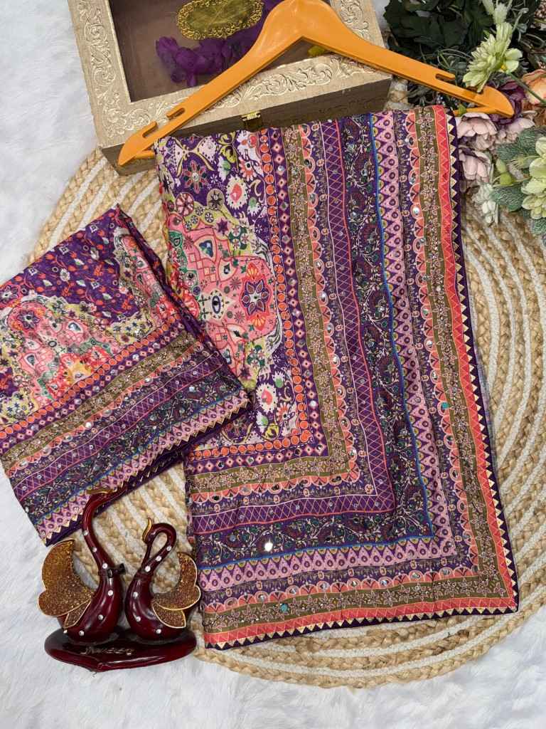 SOFT CHINNON SILK GOLD ZARI HAND MIRROR WORK SAREE 2