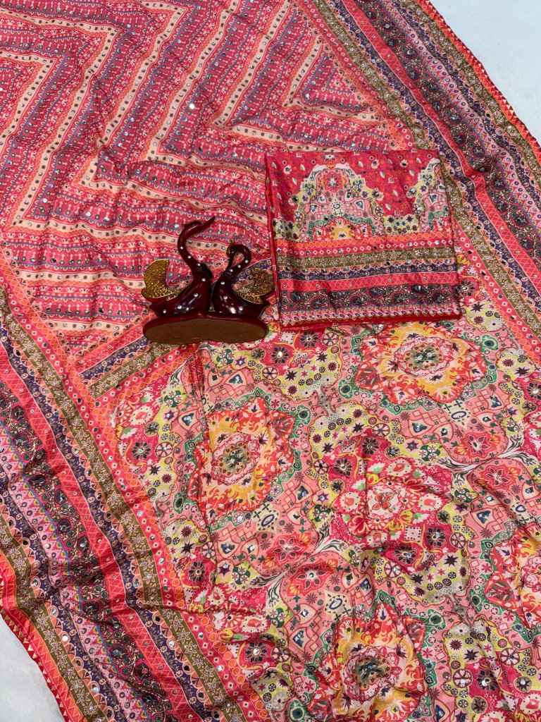 SOFT CHINNON SILK GOLD ZARI HAND MIRROR WORK SAREE 2