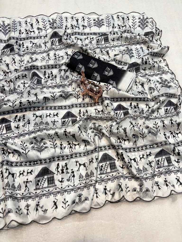 SOFT DOLA SILK DIGITAL WARLI PRINTED SAREE