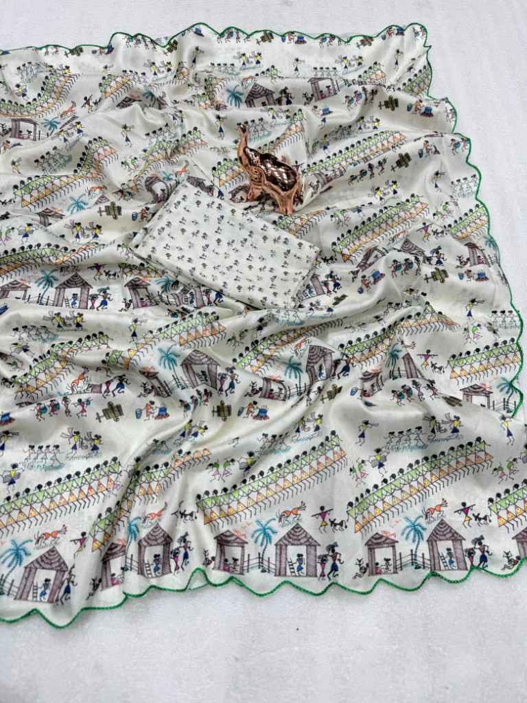 SOFT DOLA SILK DIGITAL WARLI PRINTED SAREE
