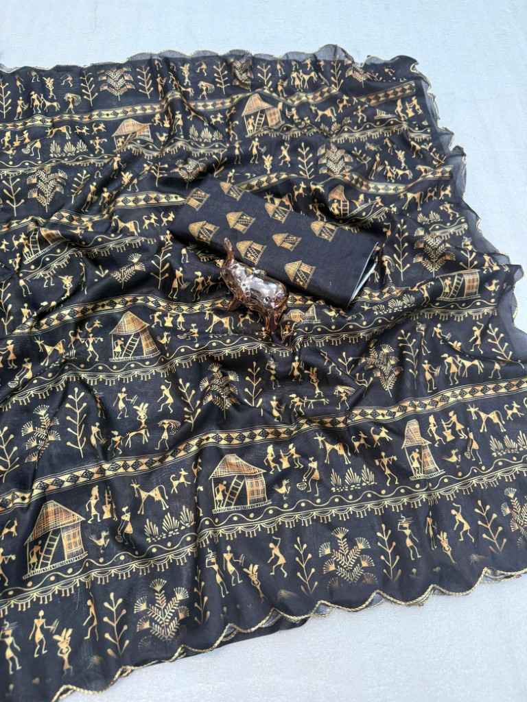 SOFT DOLA SILK DIGITAL WARLI PRINTED SAREE