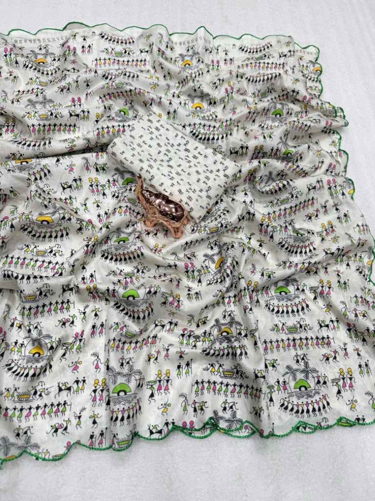 SOFT DOLA SILK DIGITAL WARLI PRINTED SAREE