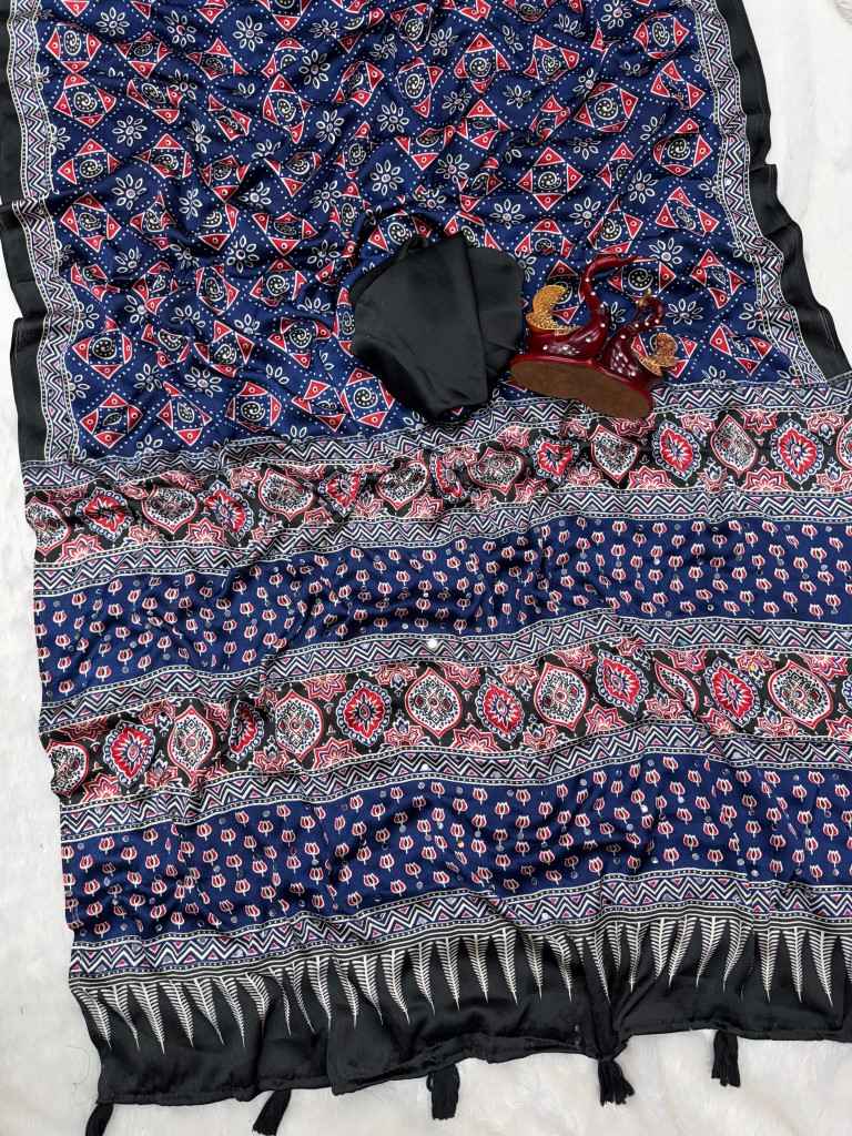 SOFT JAPAN SATIN AJARAKH PRINT REAL MIRROR WORK SAREE