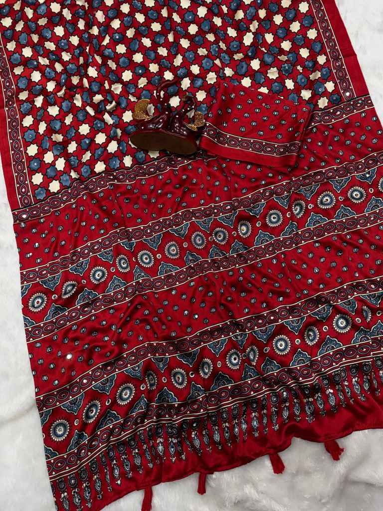 SOFT JAPAN SATIN AJARAKH PRINT REAL MIRROR WORK SAREE