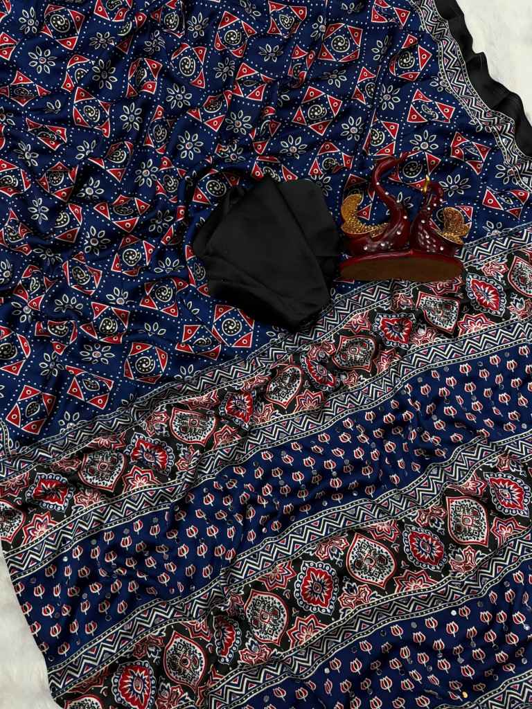 SOFT JAPAN SATIN AJARAKH PRINT REAL MIRROR WORK SAREE