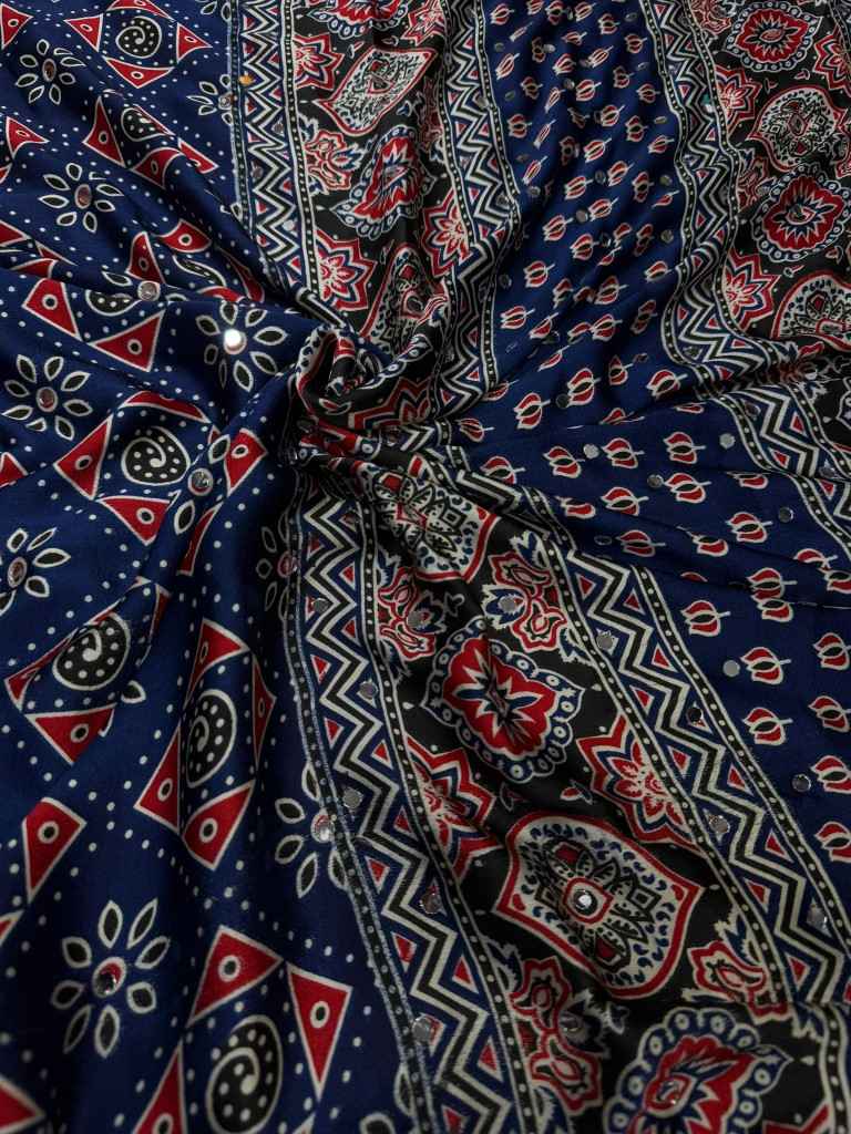 SOFT JAPAN SATIN AJARAKH PRINT REAL MIRROR WORK SAREE