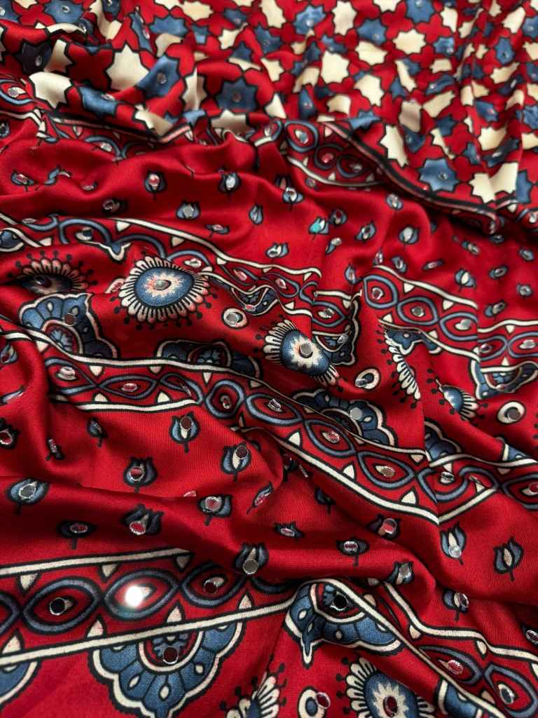 SOFT JAPAN SATIN AJARAKH PRINT REAL MIRROR WORK SAREE