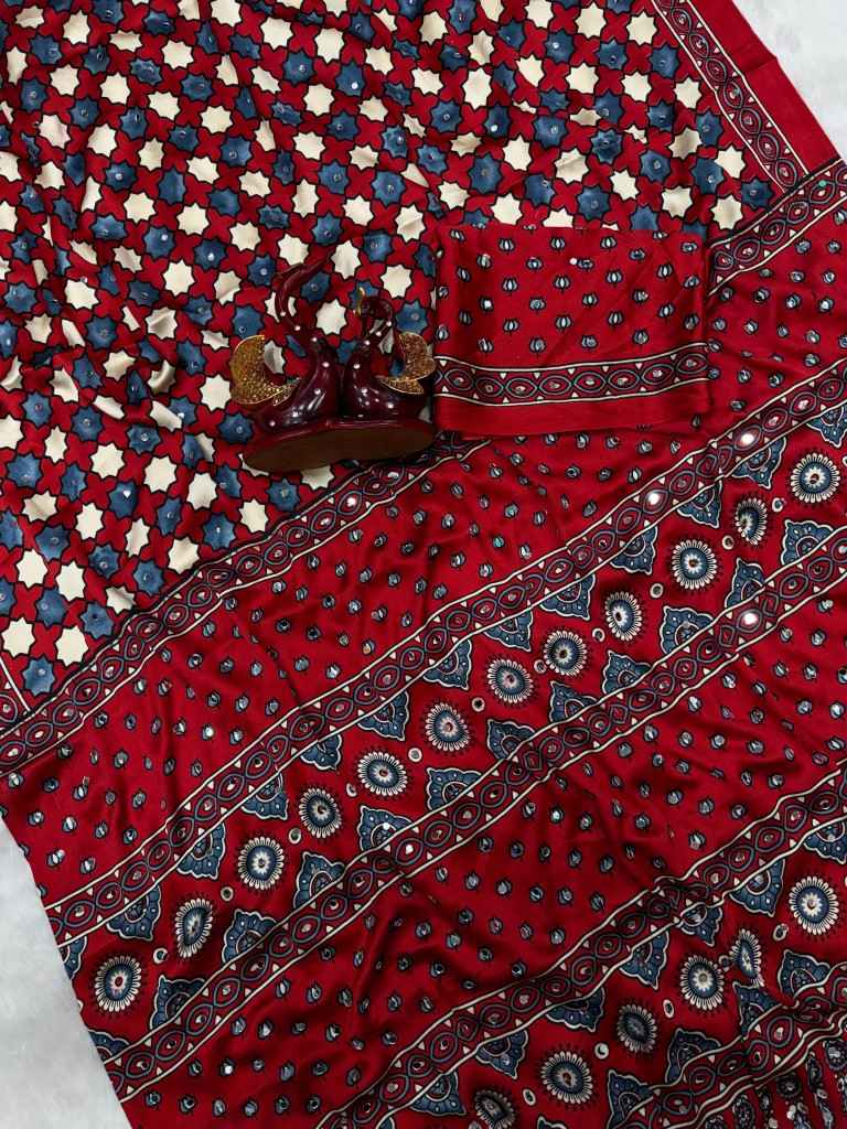 SOFT JAPAN SATIN AJARAKH PRINT REAL MIRROR WORK SAREE
