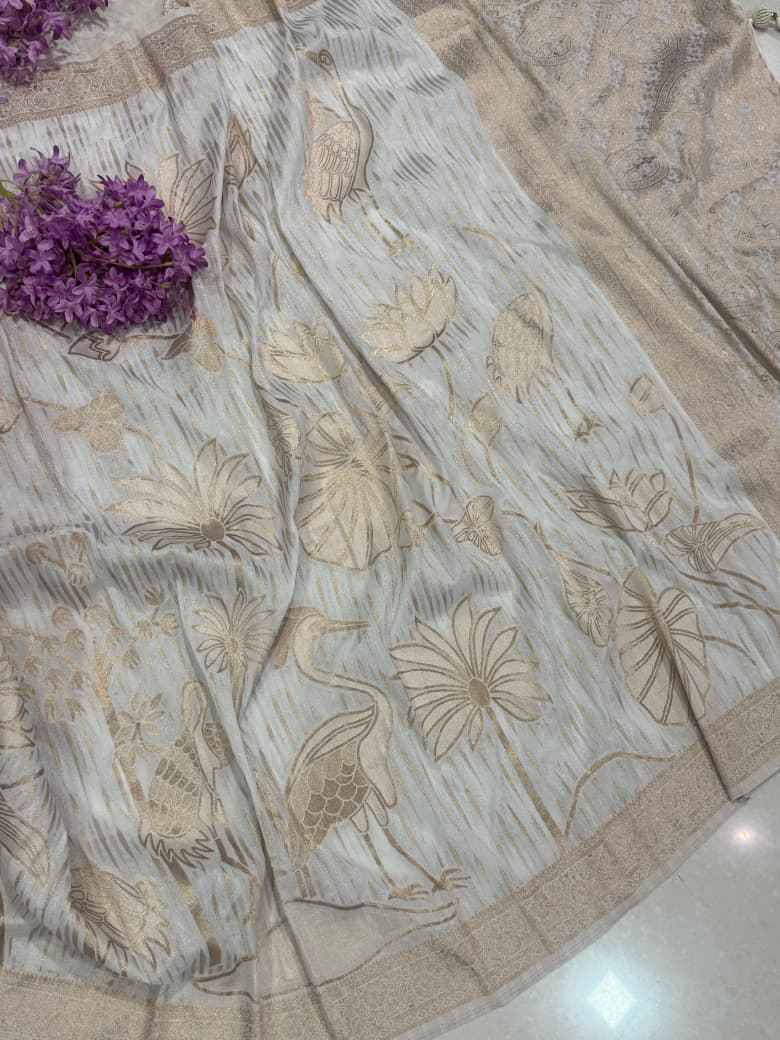 SOFT KHADI CREPE SILK FLORAL ZARI WEAVING SAREE