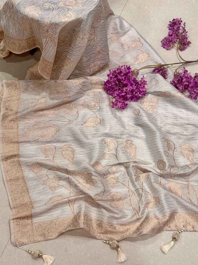 SOFT KHADI CREPE SILK FLORAL ZARI WEAVING SAREE