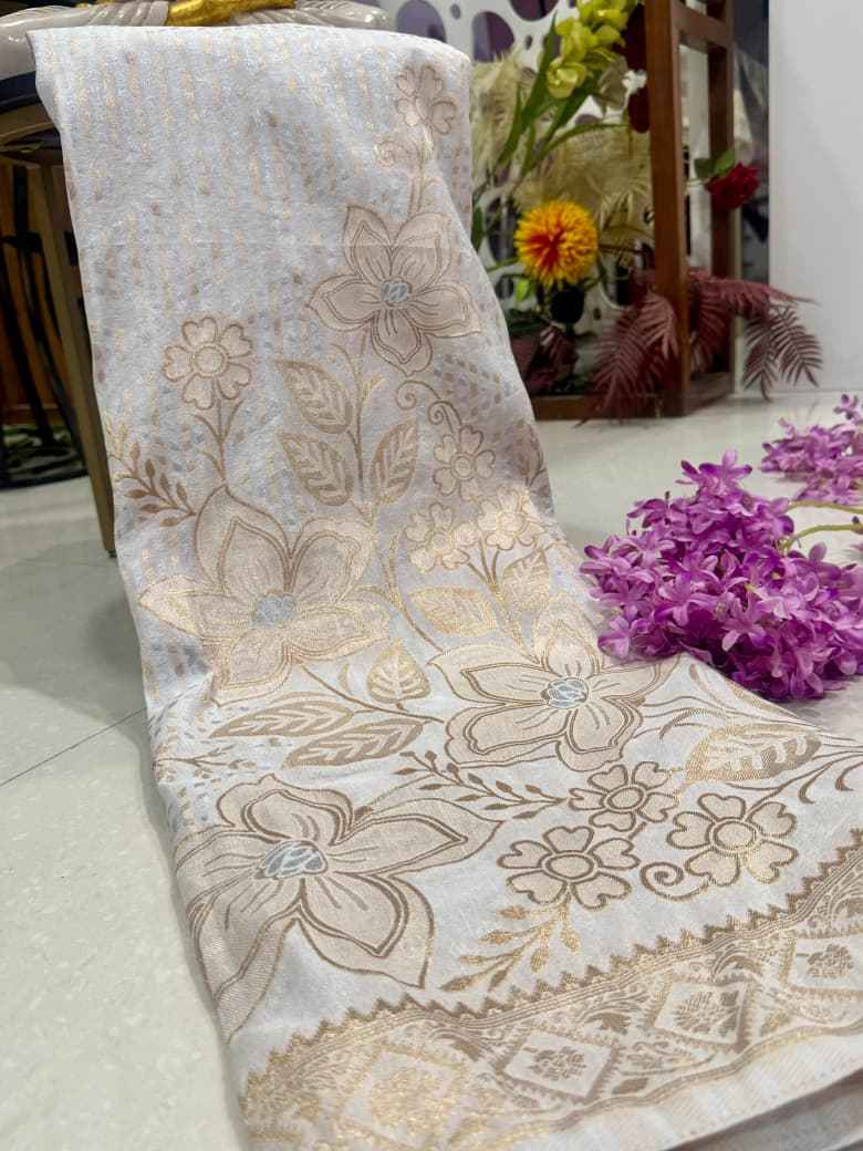 SOFT KHADI CREPE SILK FLORAL ZARI WEAVING SAREE