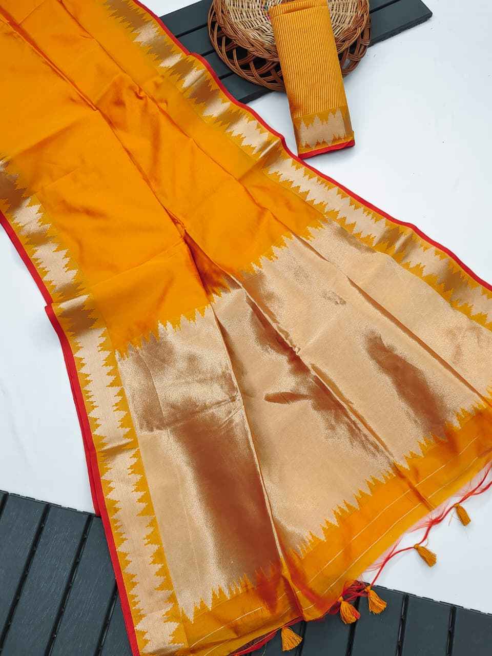 SOFT KHADI RAW SILK GOLDEN ZARI WEAVING TEMPLE BORDER SAREE