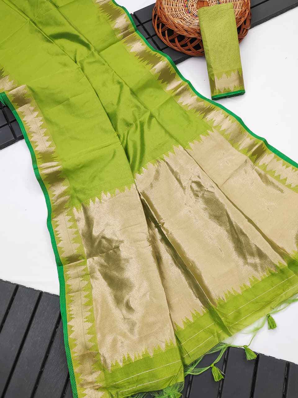 SOFT KHADI RAW SILK GOLDEN ZARI WEAVING TEMPLE BORDER SAREE