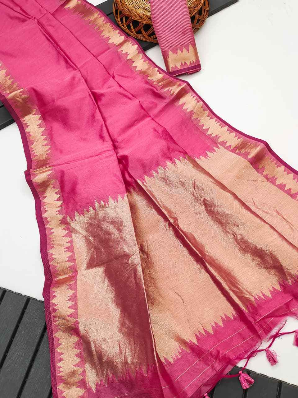 SOFT KHADI RAW SILK GOLDEN ZARI WEAVING TEMPLE BORDER SAREE