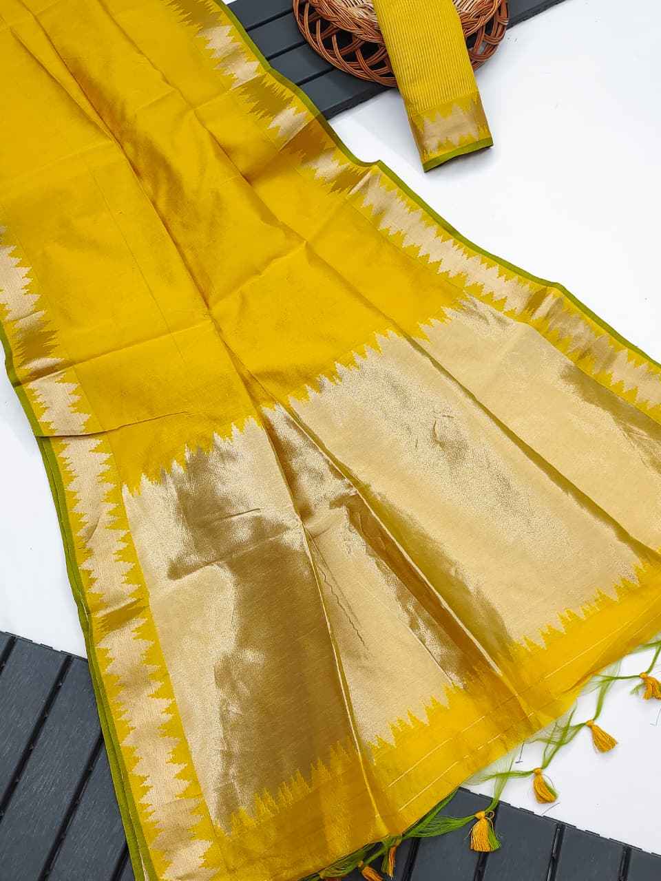 SOFT KHADI RAW SILK GOLDEN ZARI WEAVING TEMPLE BORDER SAREE
