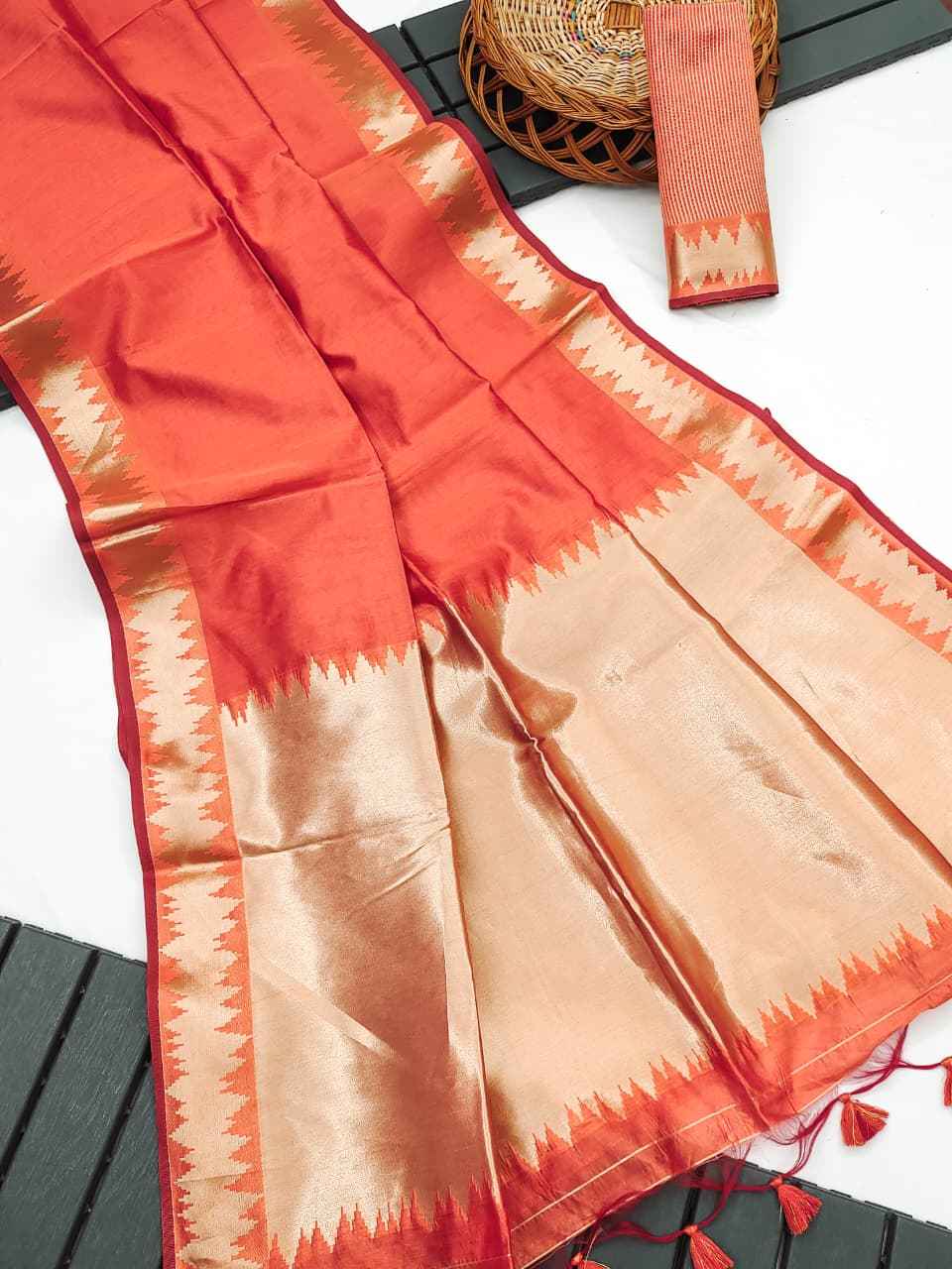 SOFT KHADI RAW SILK GOLDEN ZARI WEAVING TEMPLE BORDER SAREE