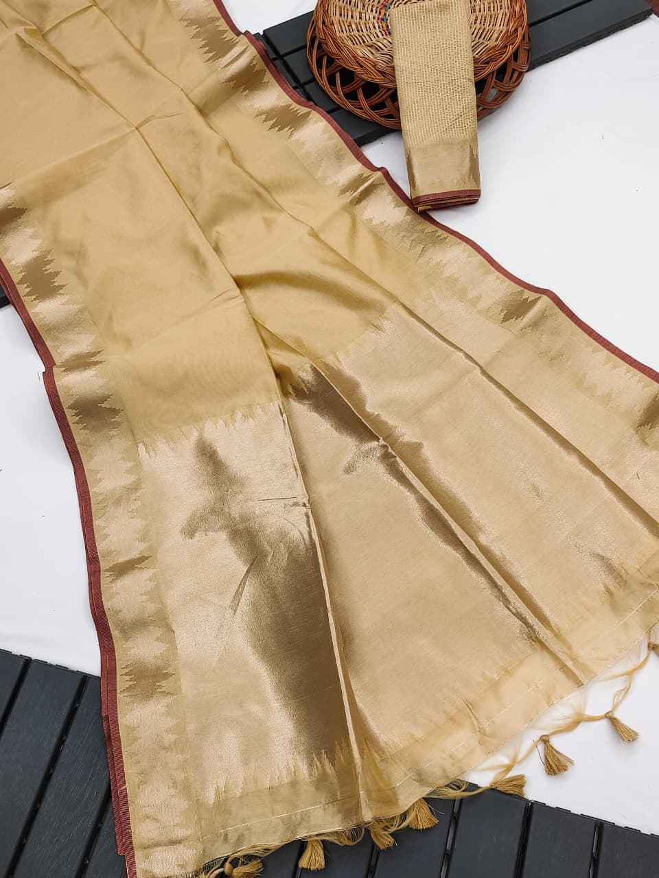 SOFT KHADI RAW SILK GOLDEN ZARI WEAVING TEMPLE BORDER SAREE