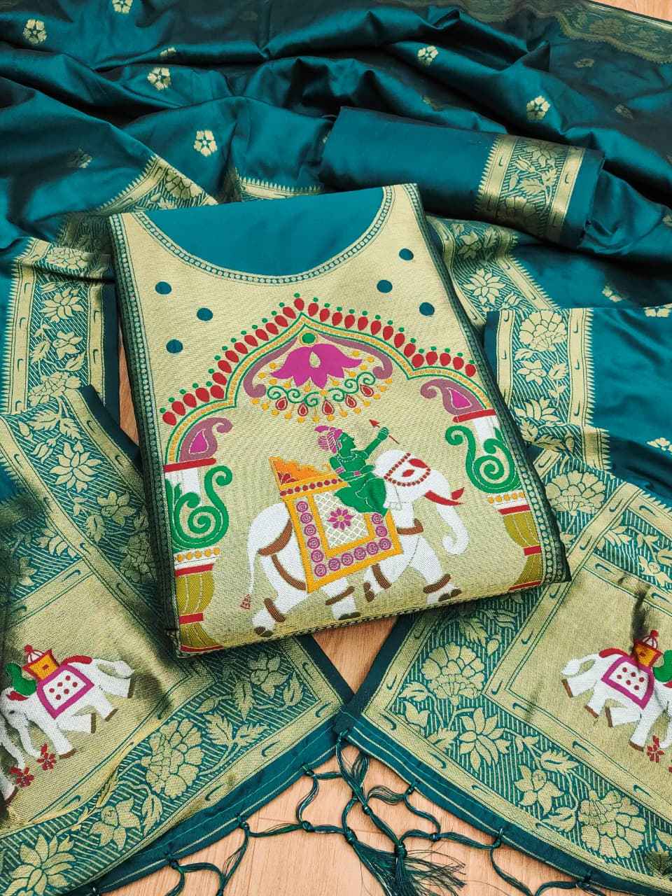 SOFT SILK BLEND WITH RICH PAITHANI ZARI WEAVING DRESS MATERIAL 