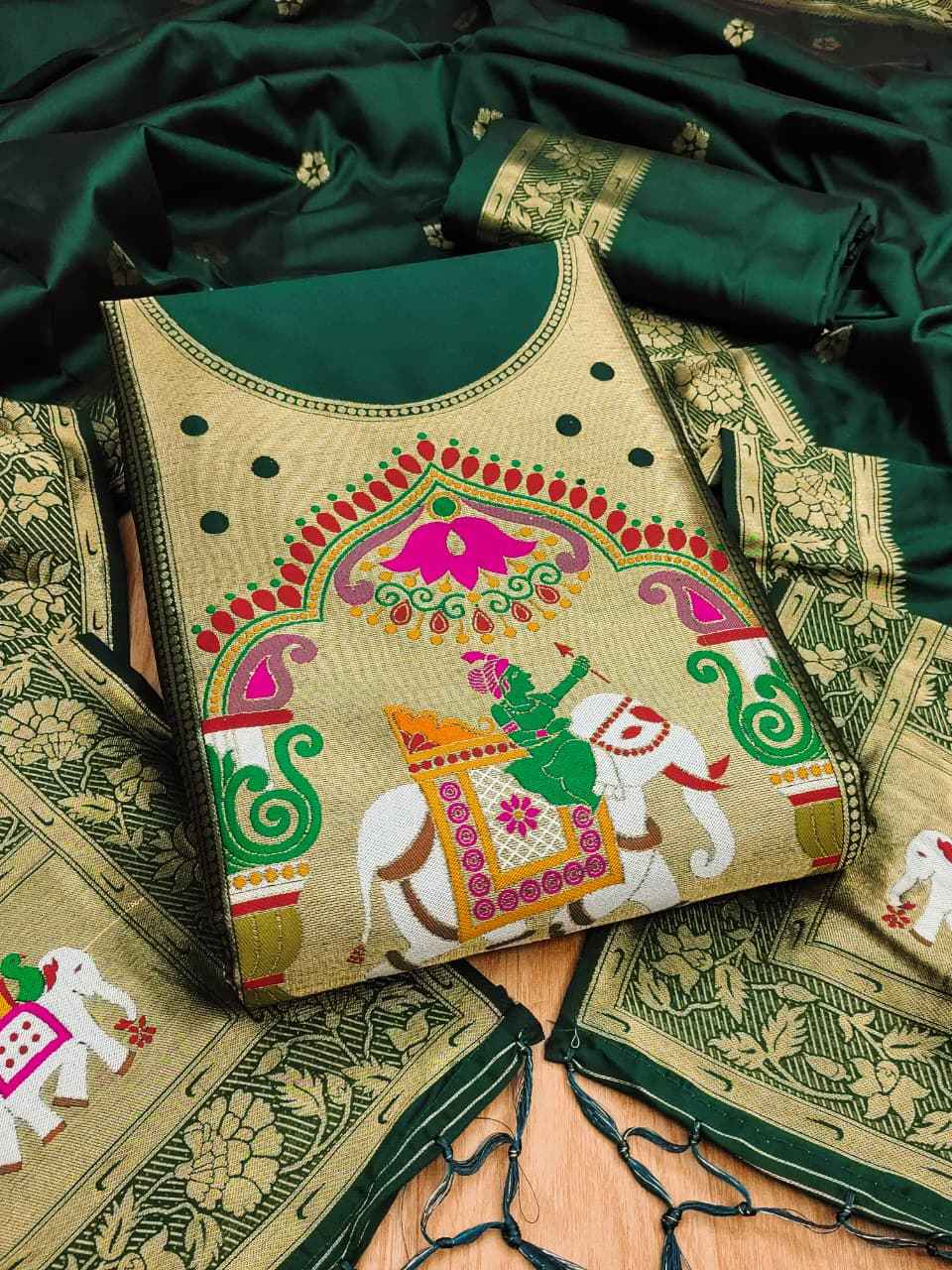 SOFT SILK BLEND WITH RICH PAITHANI ZARI WEAVING DRESS MATERIAL 