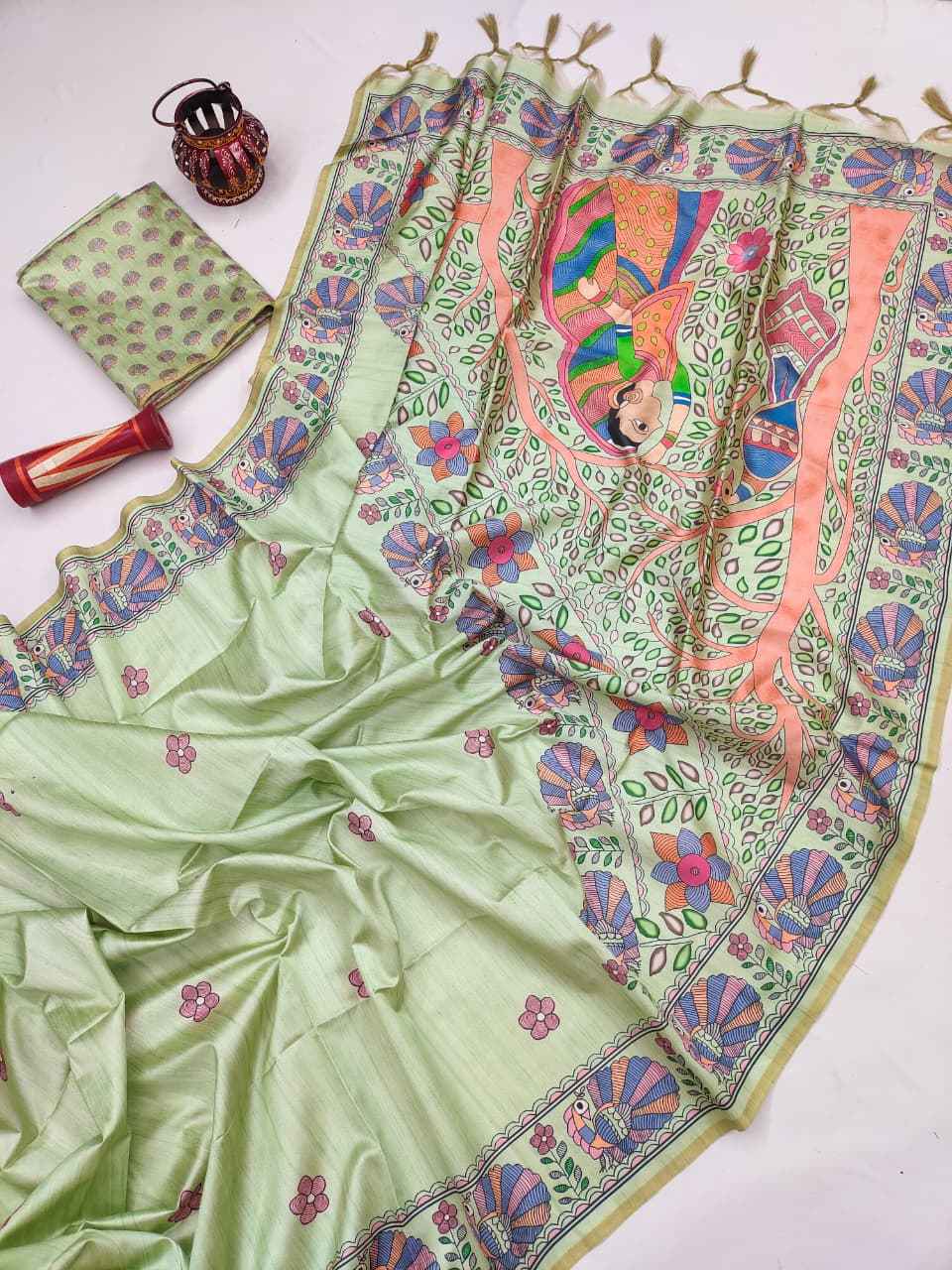 SOFT TUSSAR SILK MADHUBANI TRADITIONAL PRINTED SAREE 1