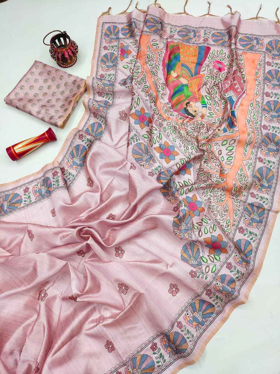 SOFT TUSSAR SILK MADHUBANI TRADITIONAL PRINTED SAREE 1