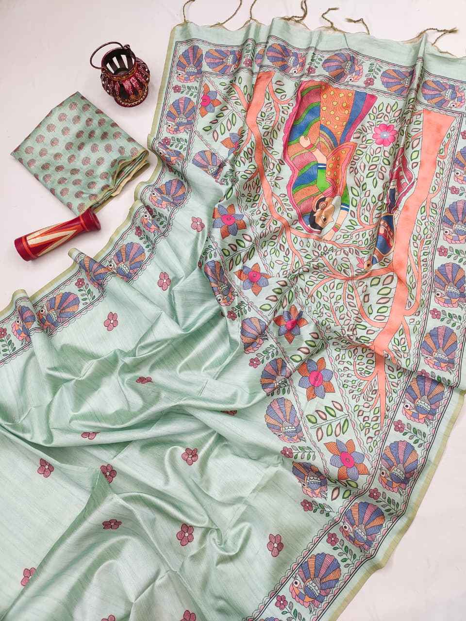 SOFT TUSSAR SILK MADHUBANI TRADITIONAL PRINTED SAREE 1