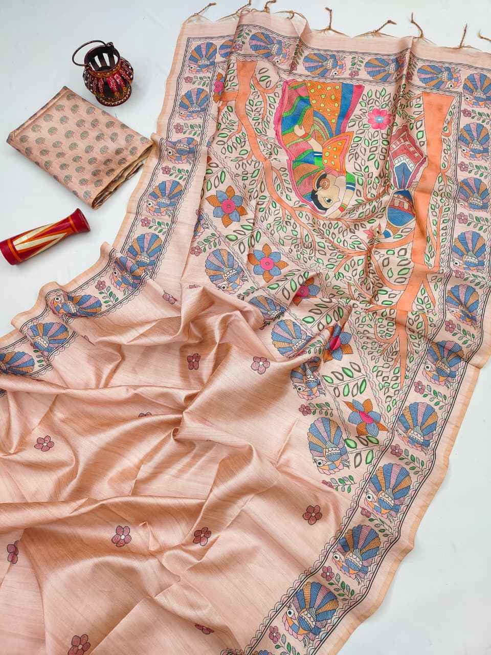 SOFT TUSSAR SILK MADHUBANI TRADITIONAL PRINTED SAREE 1