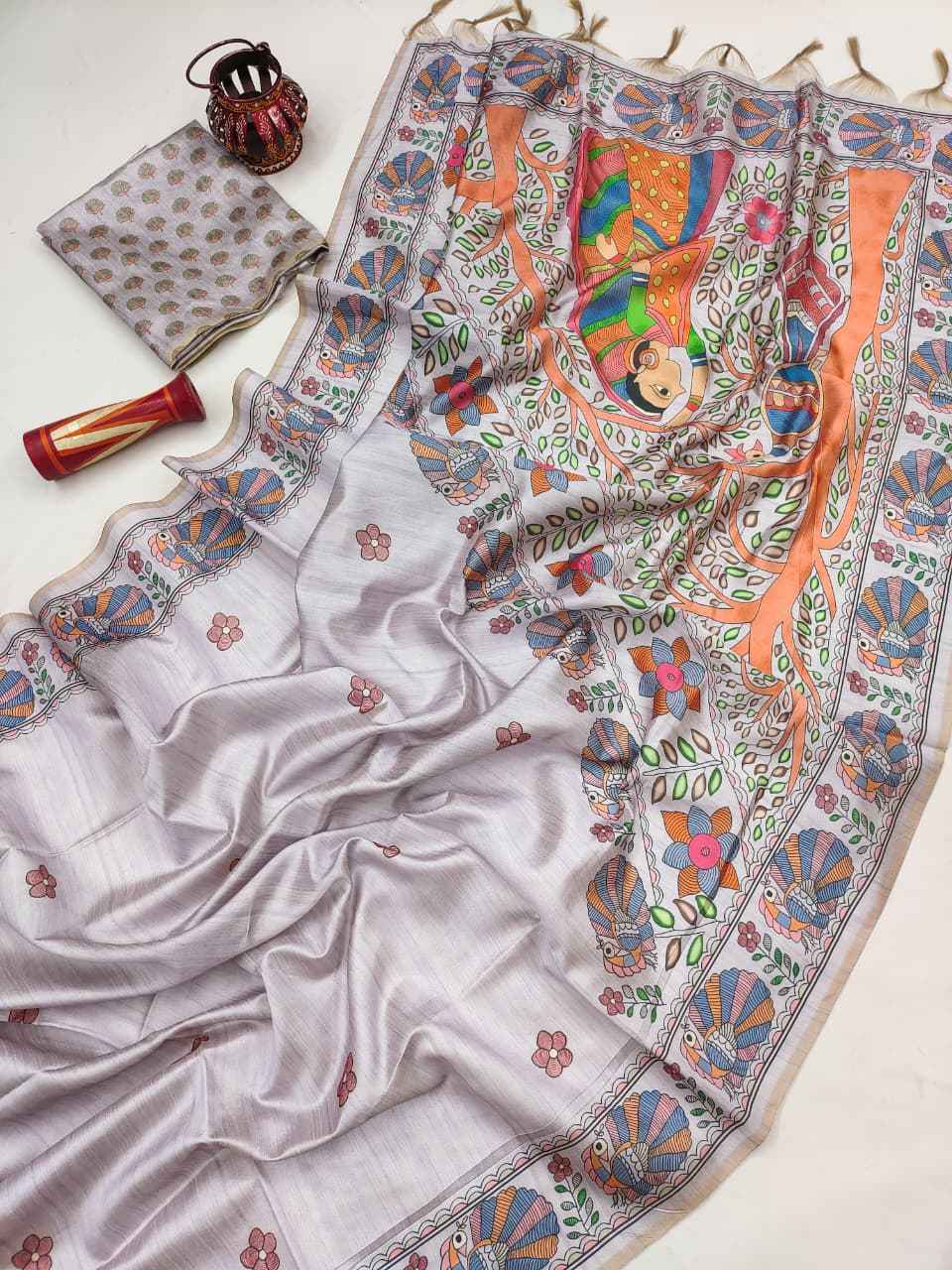 SOFT TUSSAR SILK MADHUBANI TRADITIONAL PRINTED SAREE 1