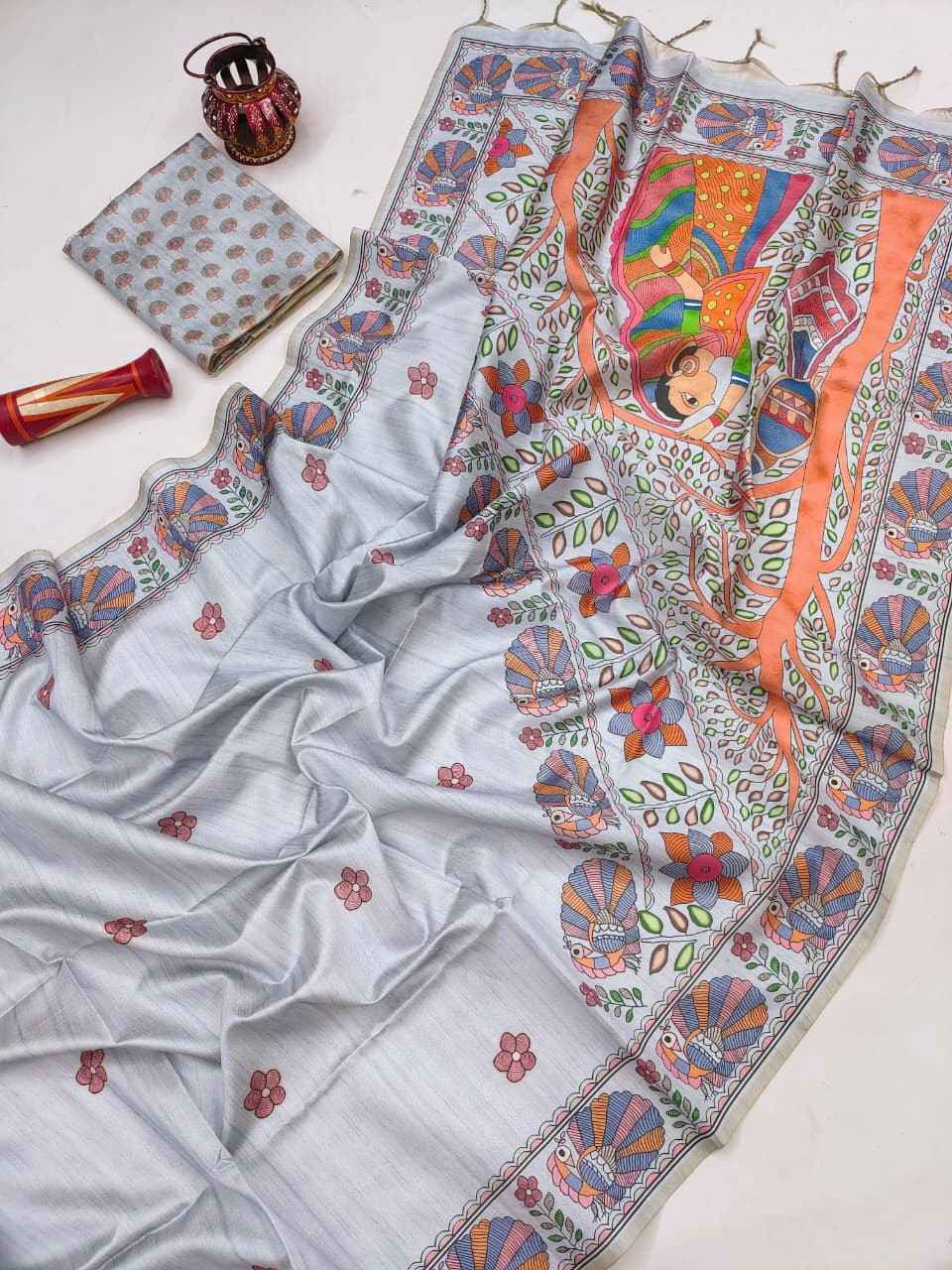 SOFT TUSSAR SILK MADHUBANI TRADITIONAL PRINTED SAREE 1
