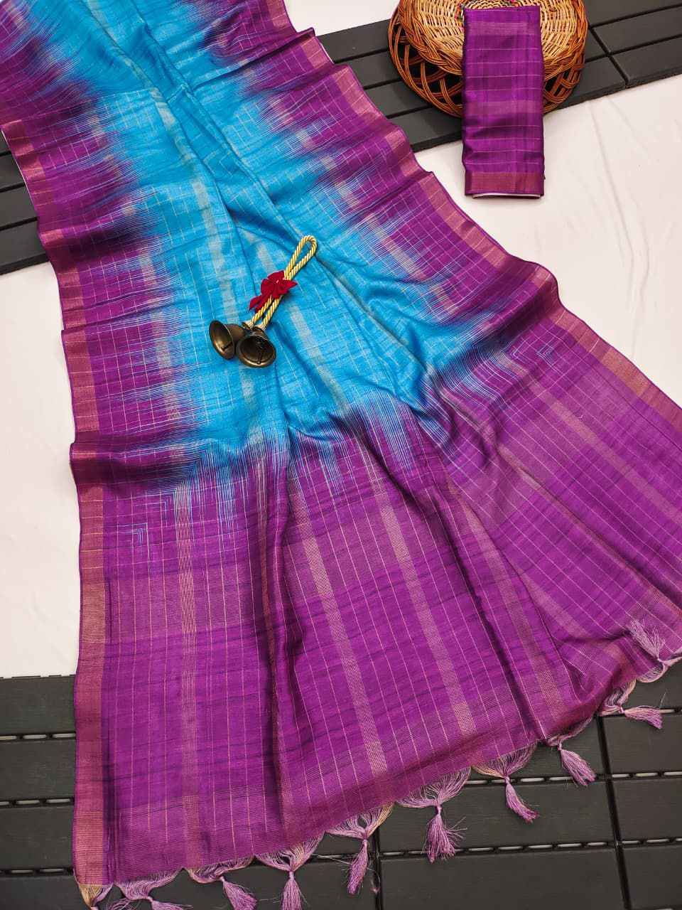 SOFT TUSSAR SILK ZARI WEAVING CHECKS PATTERN SAREE