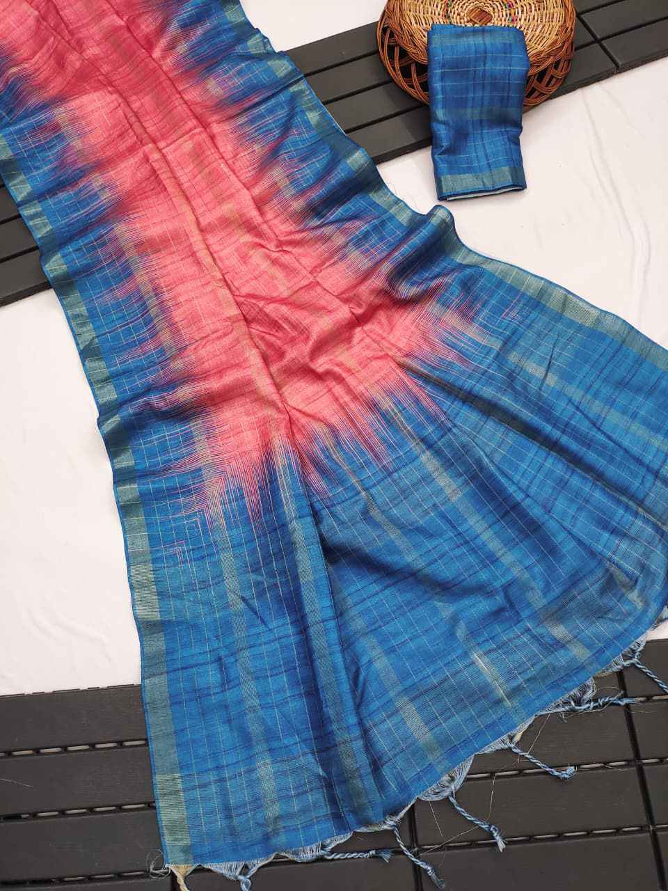 SOFT TUSSAR SILK ZARI WEAVING CHECKS PATTERN SAREE