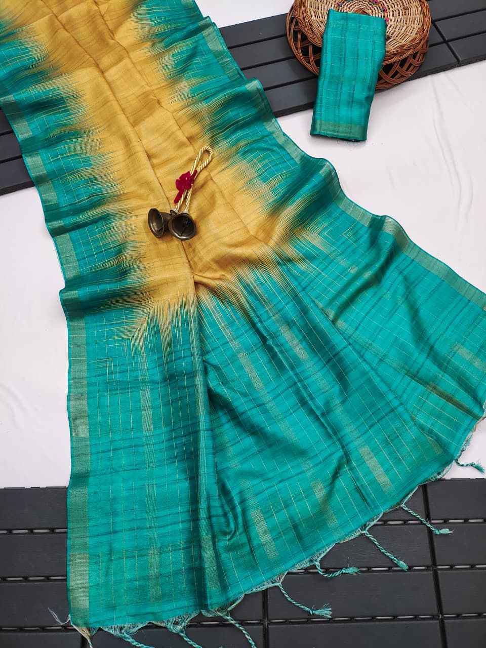 SOFT TUSSAR SILK ZARI WEAVING CHECKS PATTERN SAREE