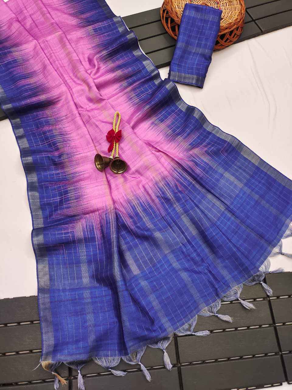 SOFT TUSSAR SILK ZARI WEAVING CHECKS PATTERN SAREE