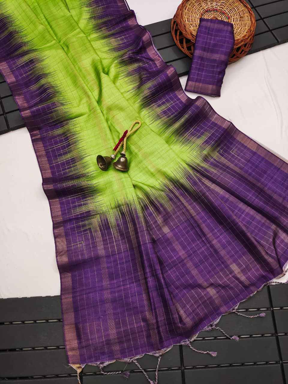 SOFT TUSSAR SILK ZARI WEAVING CHECKS PATTERN SAREE