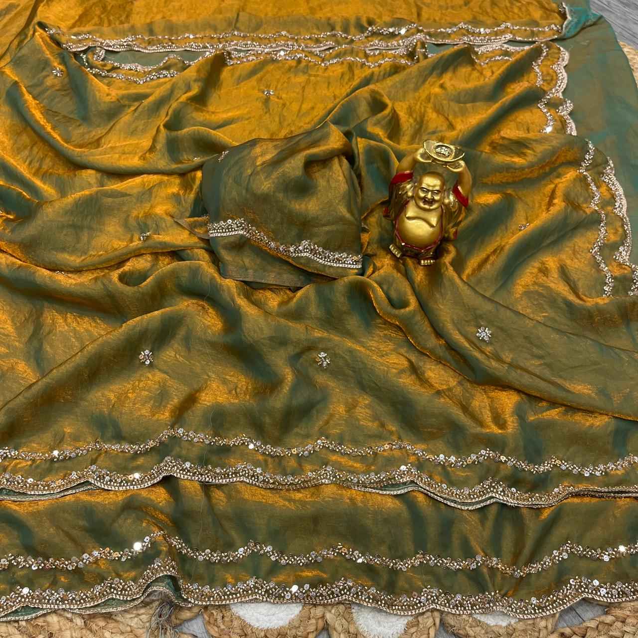 PURE SPACE SILK GOLD BEEDS AND SEQUENCE HANDWORK SAREE