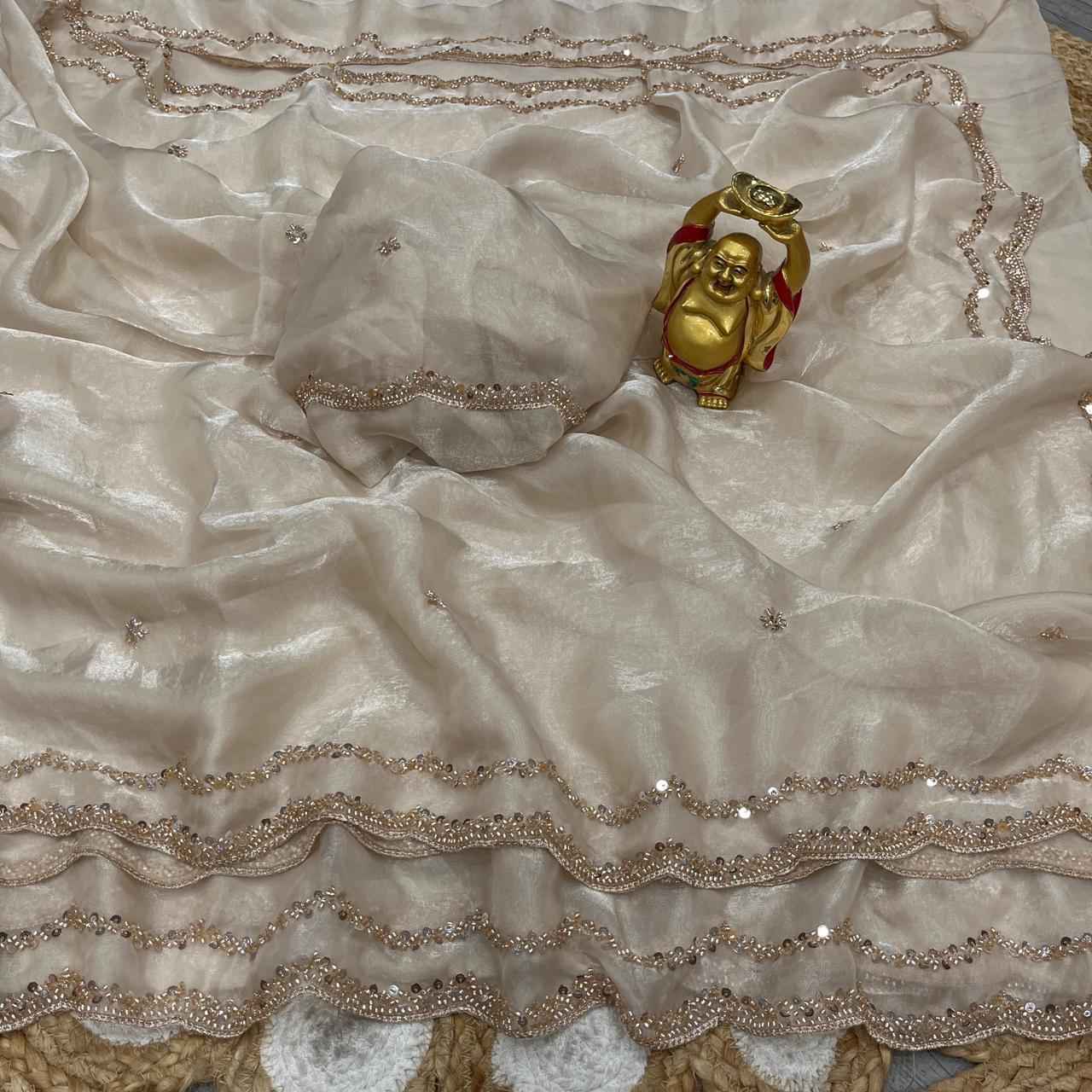 PURE SPACE SILK GOLD BEEDS AND SEQUENCE HANDWORK SAREE