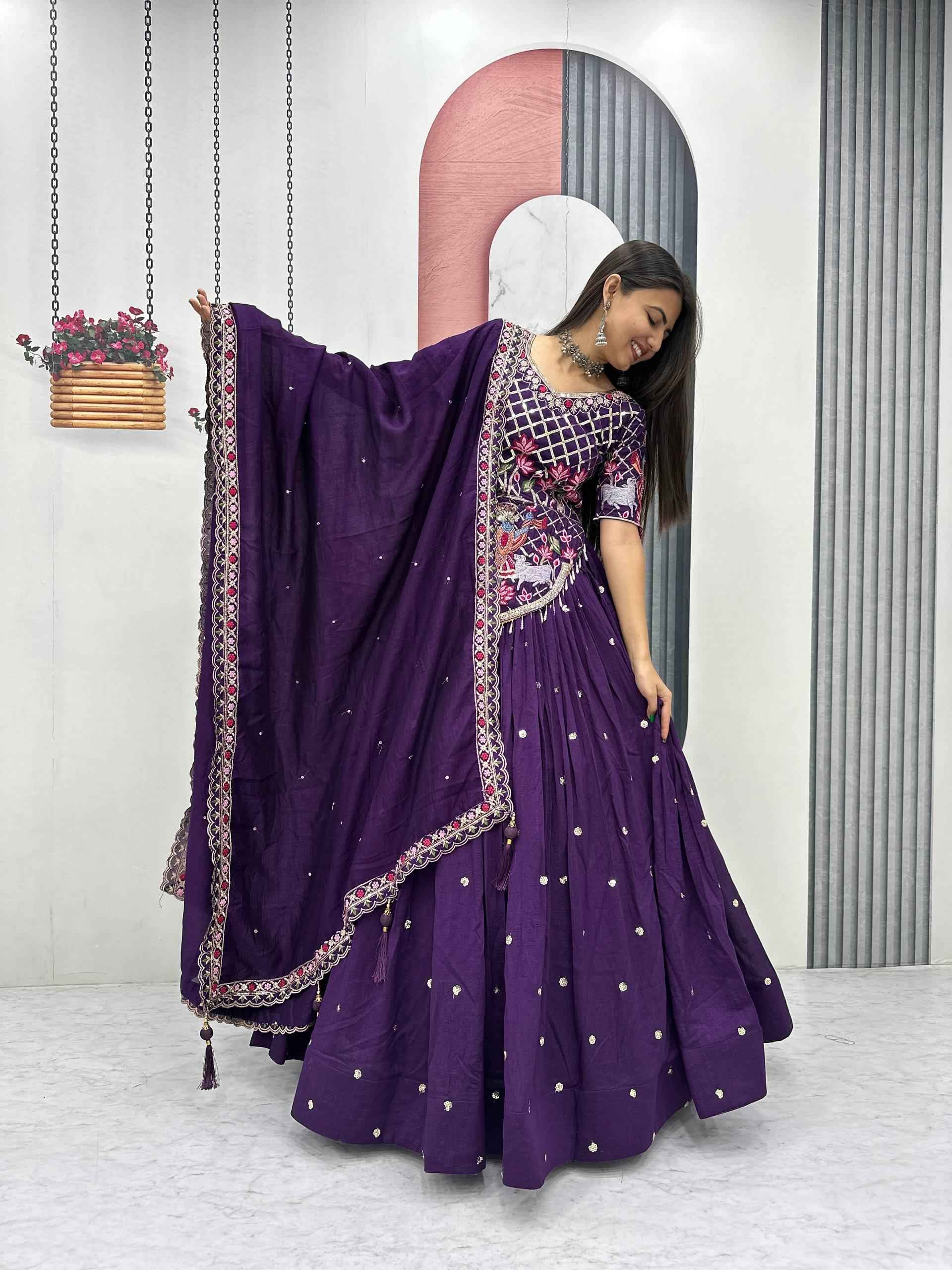 VICHITRA SILK THREAD EMBROIDERY AND SEQUENCE WORK LEHENGA CHOLI 