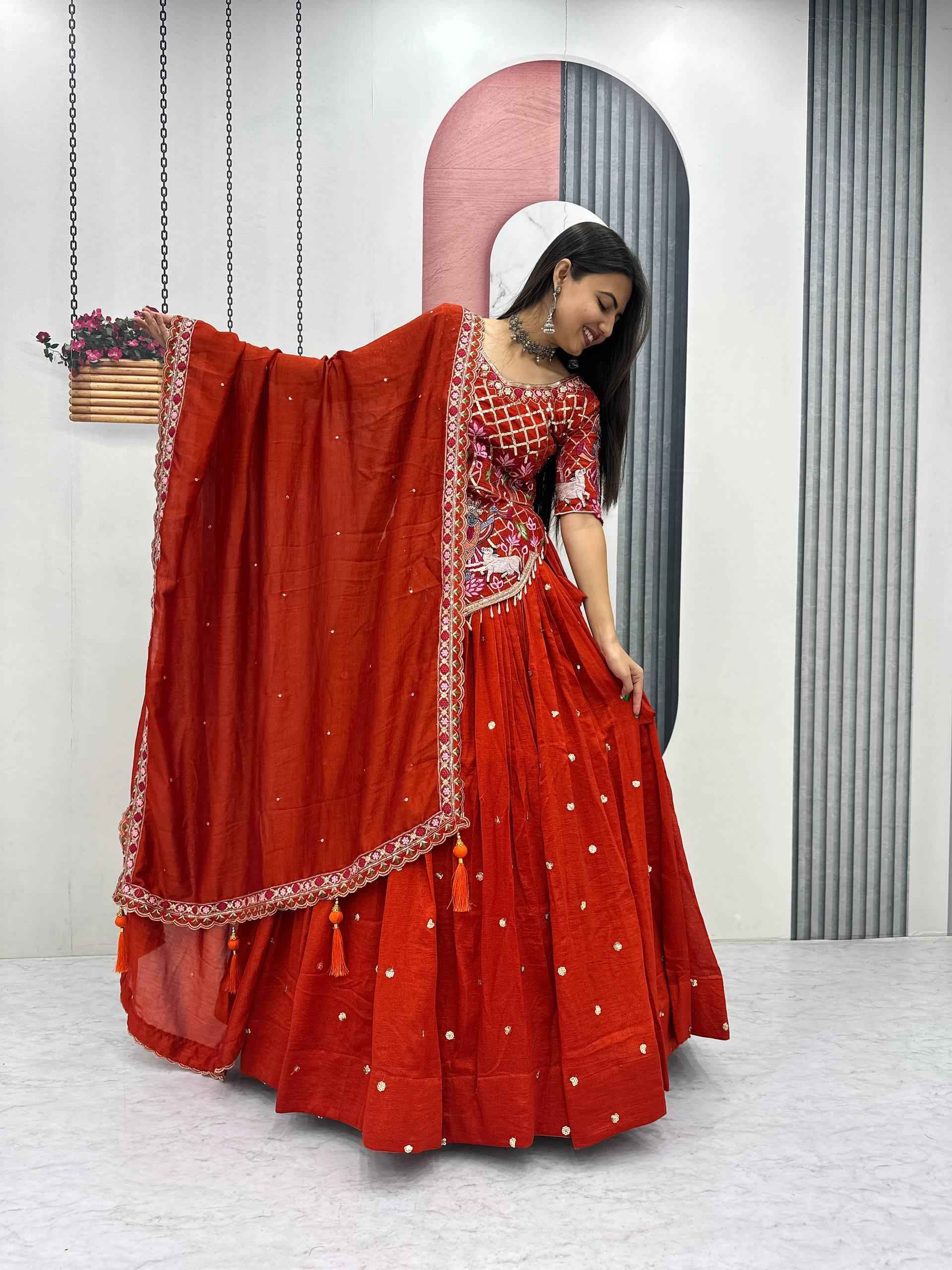 VICHITRA SILK THREAD EMBROIDERY AND SEQUENCE WORK LEHENGA CHOLI 