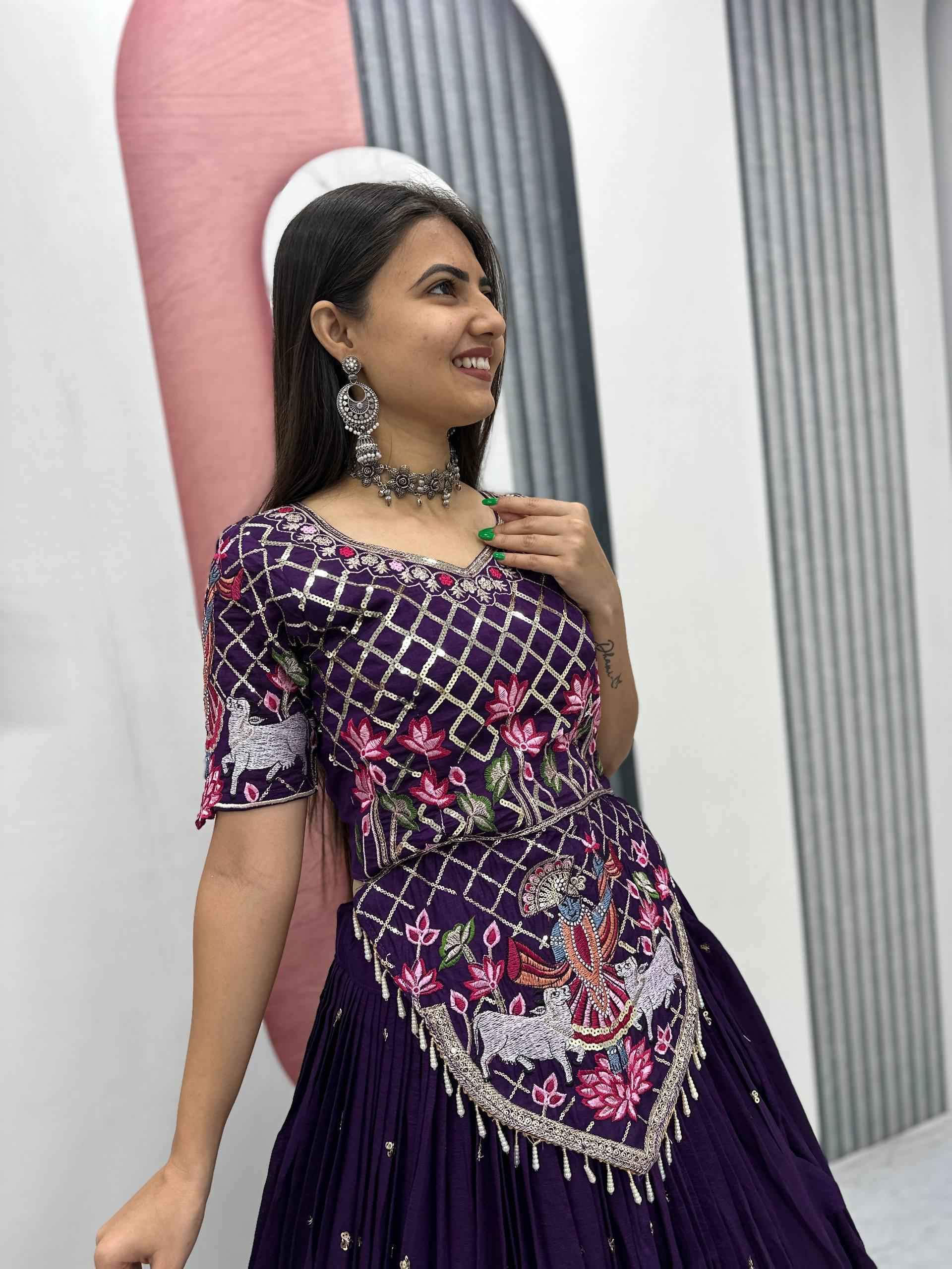 VICHITRA SILK THREAD EMBROIDERY AND SEQUENCE WORK LEHENGA CHOLI 