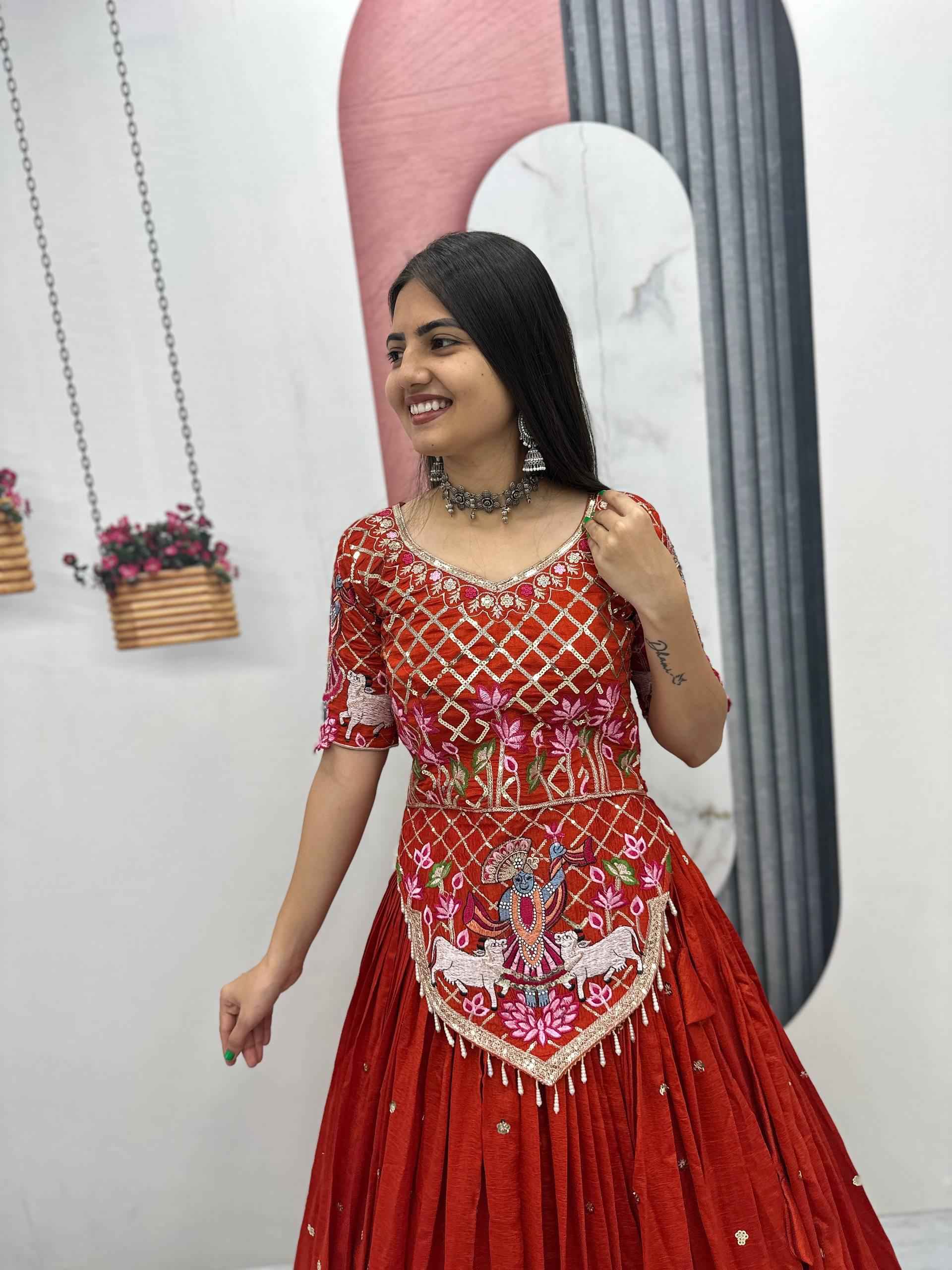 VICHITRA SILK THREAD EMBROIDERY AND SEQUENCE WORK LEHENGA CHOLI 