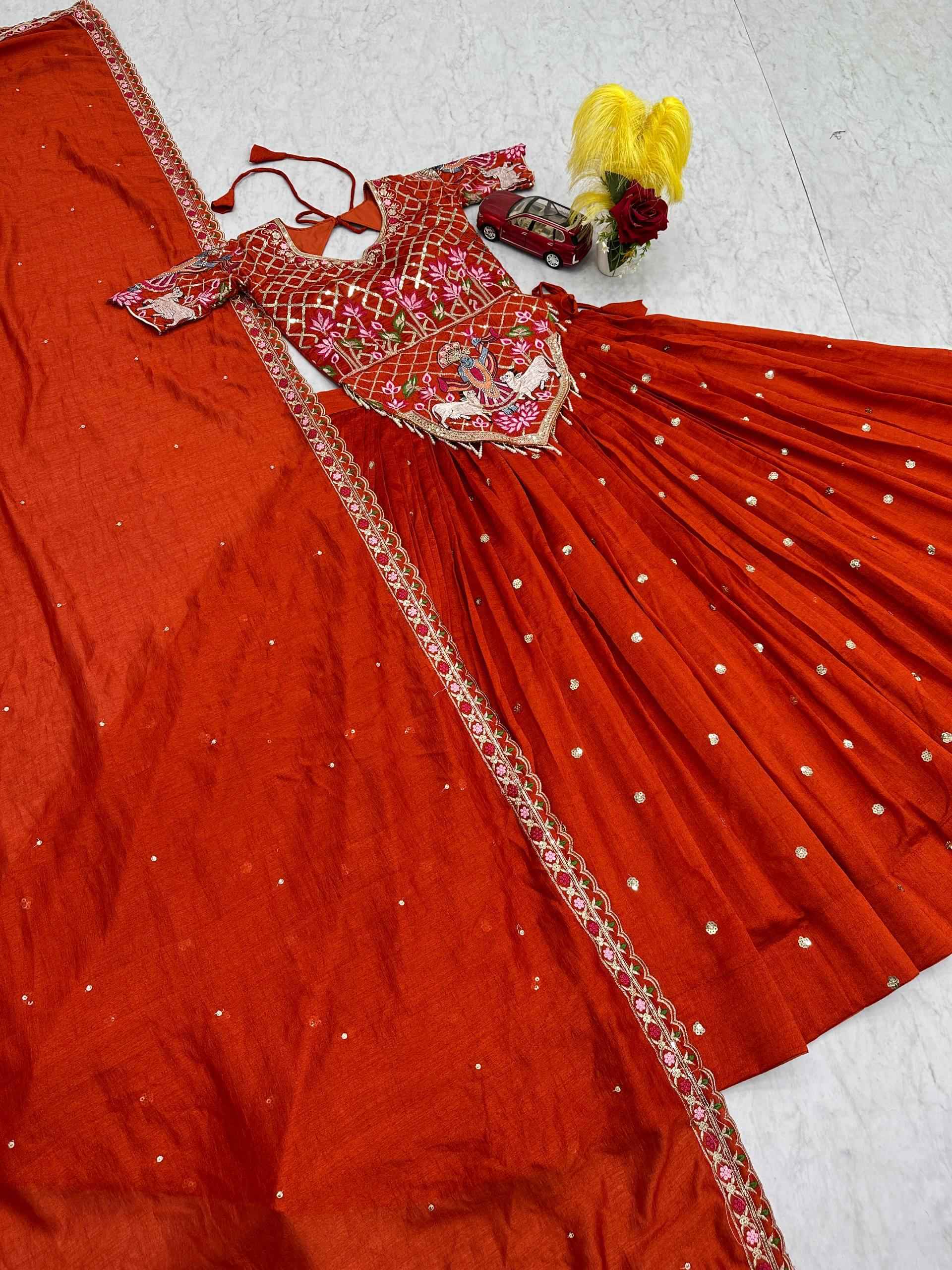 VICHITRA SILK THREAD EMBROIDERY AND SEQUENCE WORK LEHENGA CHOLI 