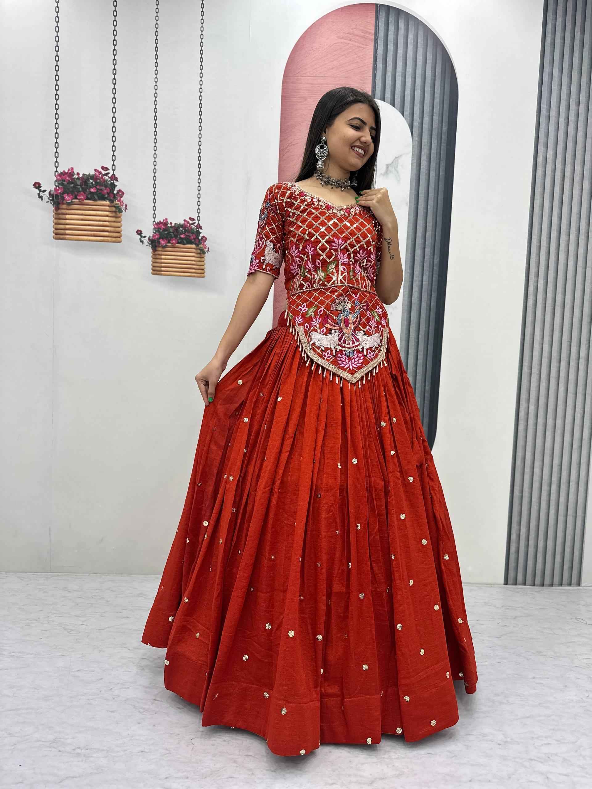 VICHITRA SILK THREAD EMBROIDERY AND SEQUENCE WORK LEHENGA CHOLI 