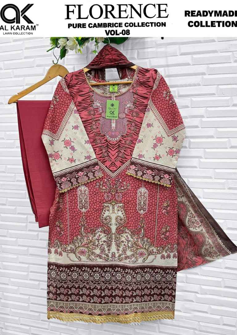 AL KARAM FLORENCE VOL-8 PURE CAMBRIC COTTON READYMADE PAKISTANI SUIT 