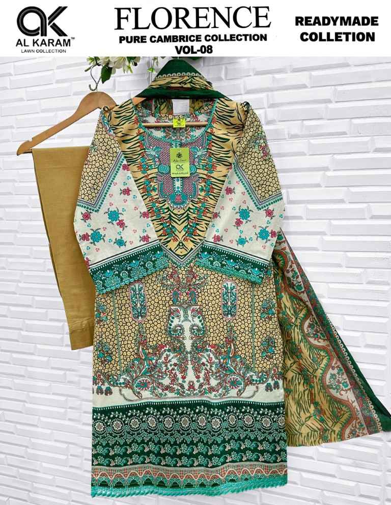 AL KARAM FLORENCE VOL-8 PURE CAMBRIC COTTON READYMADE PAKISTANI SUIT 