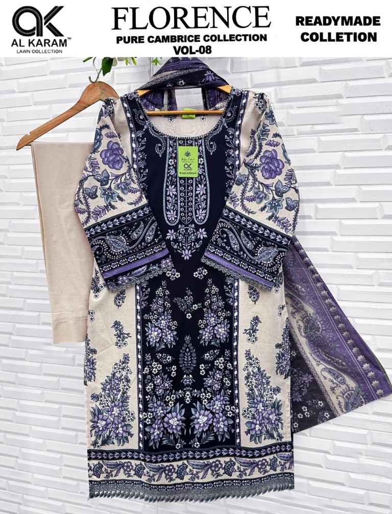 AL KARAM FLORENCE VOL-8 PURE CAMBRIC COTTON READYMADE PAKISTANI SUIT 